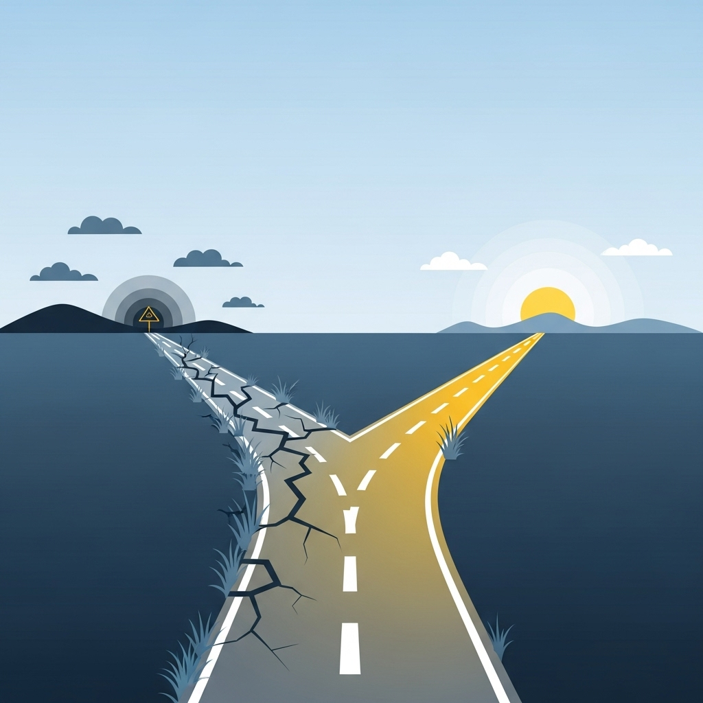 Bifurcação na estrada simbolizando a mudança no planejamento sucessório após o fim da vantagem da holding familiar no Amazonas.