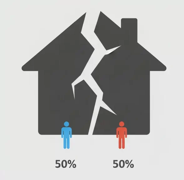 Ilustração de uma casa rachada ao meio, simbolizando o conflito de um herdeiro que não quer vender um imóvel de herança.