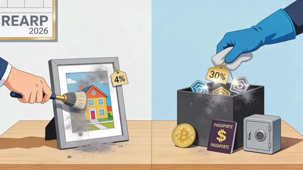 Ilustração simbolizando o REARP 2026: uma mão limpa um quadro de imóvel com um espanador "4%", e outra organiza bens como criptomoedas de uma caixa com uma luva "30%"