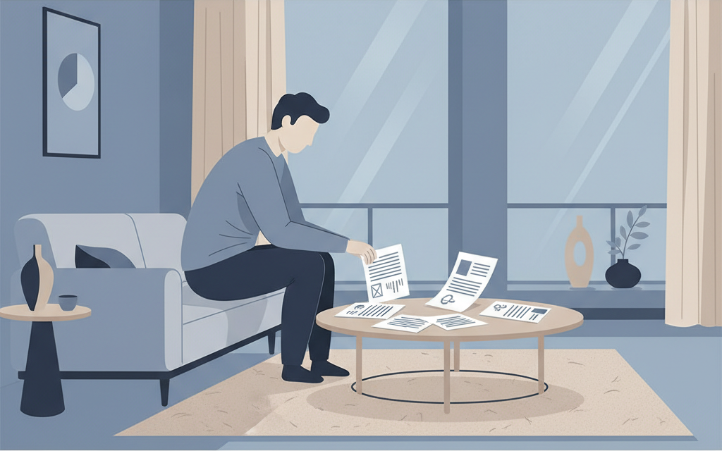 O sócio pode usar imóvel da holding? Ilustração plana em tons de azul e bege mostra uma pessoa sentada em um sofá moderno, olhando pensativamente para documentos refletindo sobre o pagamento de aluguel para a sua holding. A sala tem decoração minimalista e iluminação suave, com uma grande janela ao fundo.