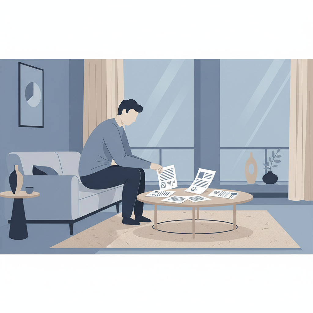 O sócio pode usar imóvel da holding? Ilustração plana em tons de azul e bege mostra uma pessoa sentada em um sofá moderno, olhando pensativamente para documentos refletindo sobre o pagamento de aluguel para a sua holding. A sala tem decoração minimalista e iluminação suave, com uma grande janela ao fundo.